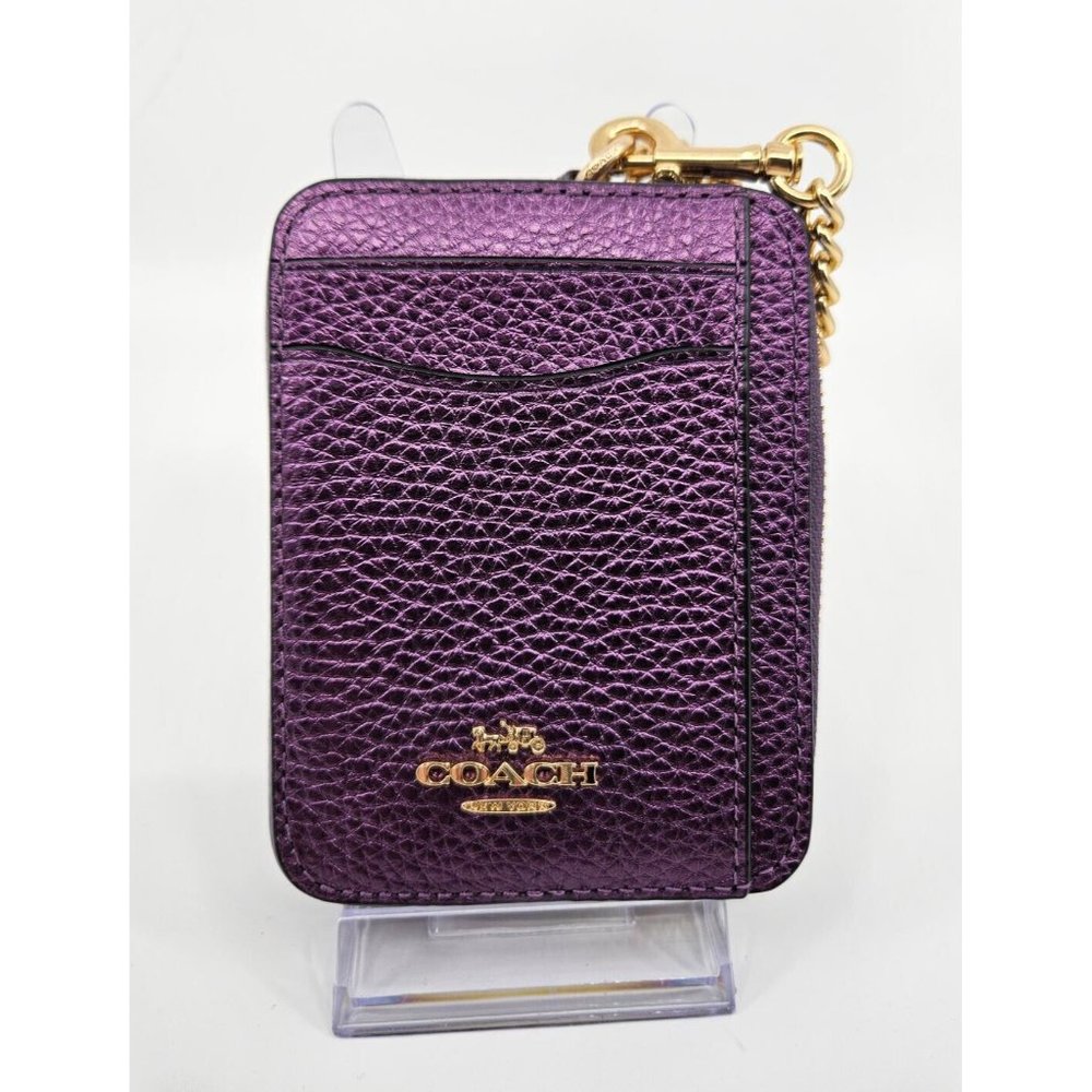 Coach Metallic Plum Purple Pebbled Leather Zip Around Chain Card Case ID Wallet
